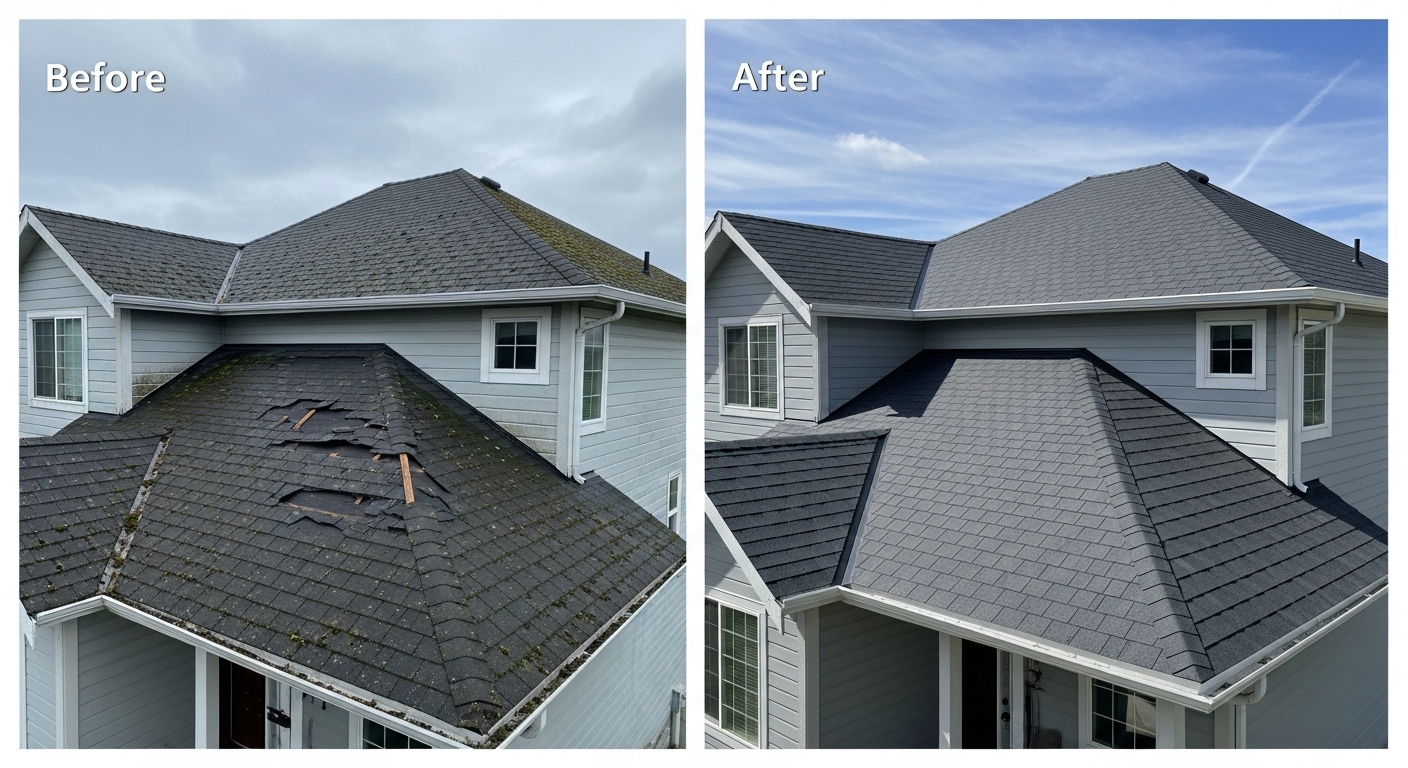 Before and After Asphalt Shingle Roof Replacement in Waterbury CT - Land Bury Roofing