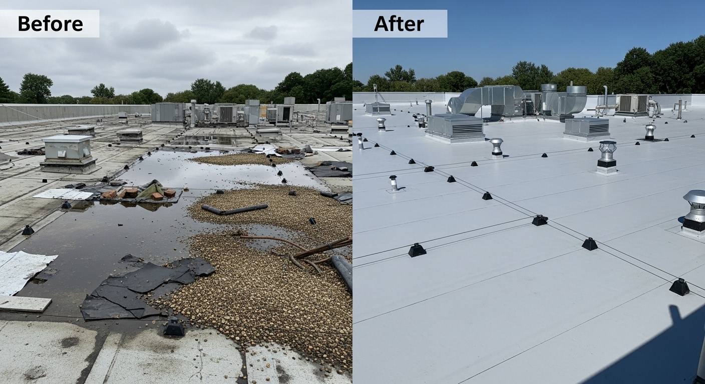 Before and After Commercial Roof Repair Replacement in Waterbury CT