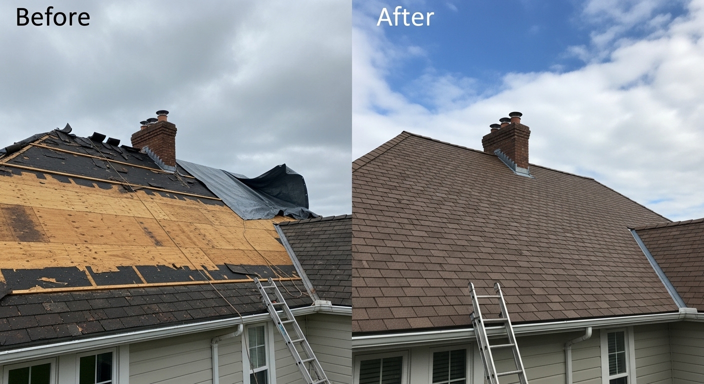 Emergency Roof Repair Before and After in Waterbury CT - Land Bury Roofing