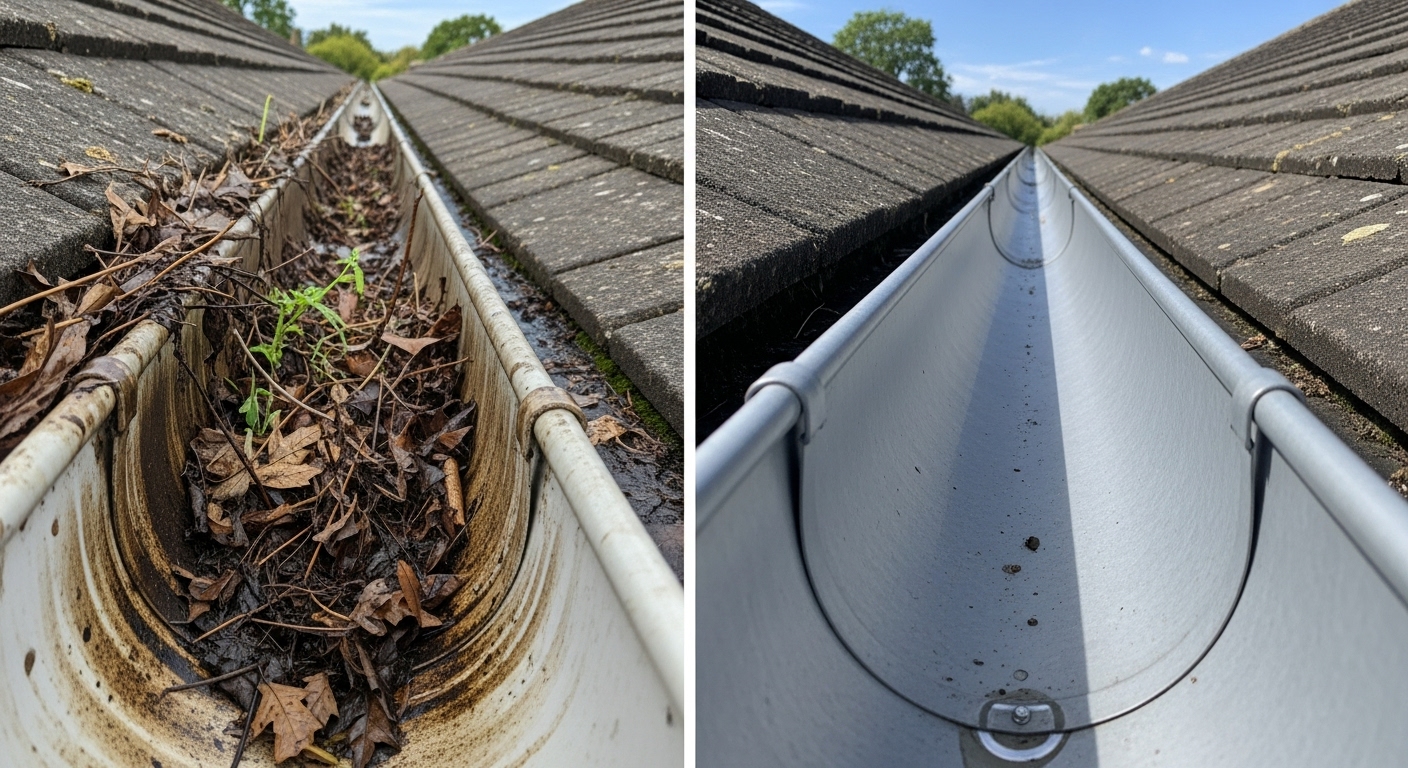 Before and After Gutter Cleaning Waterbury CT - Professional gutter clean out results showing clear, debris-free gutters