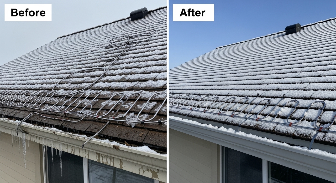 Heat Cable Roof Replacement Before and After in Waterbury CT