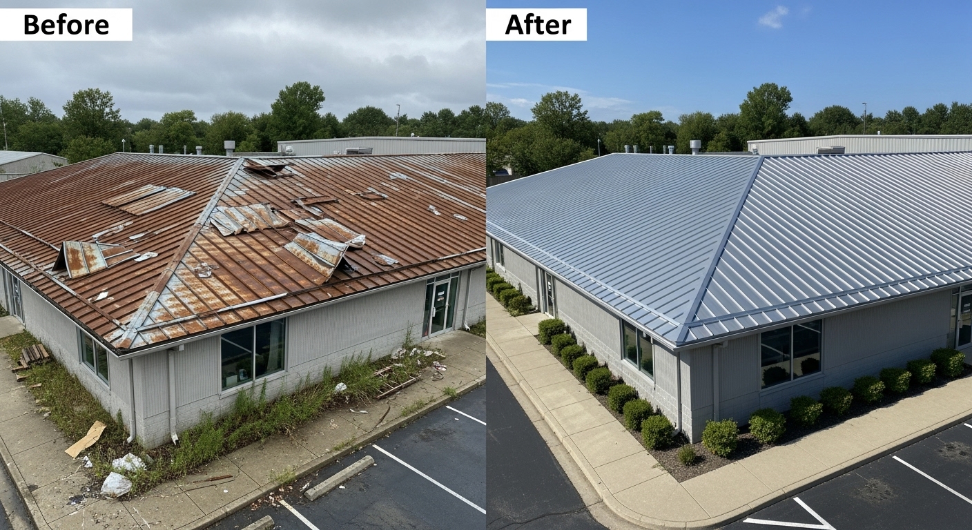 Before and After Metal Roof Repair and Replacement in Waterbury CT by Land Bury Roofing