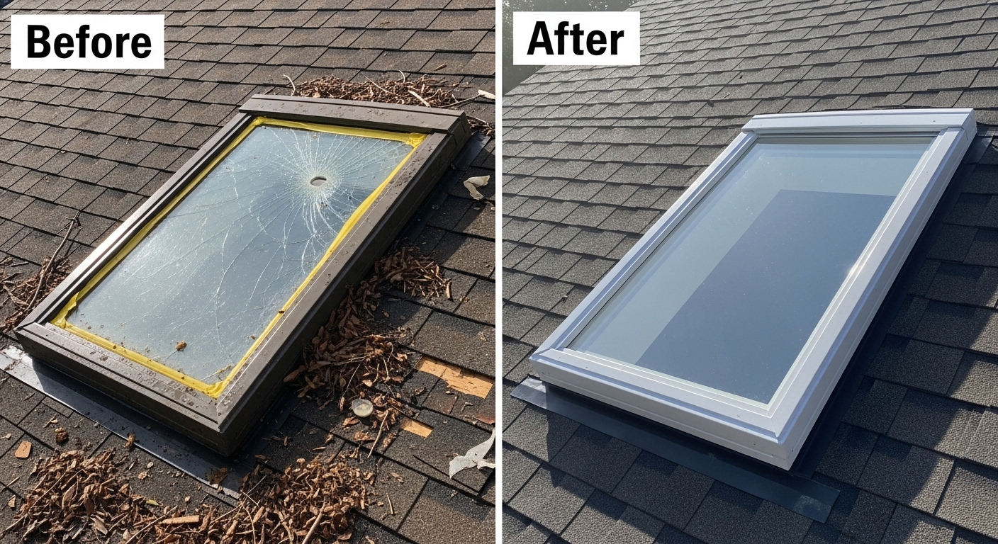 Skylight roof repair before and after