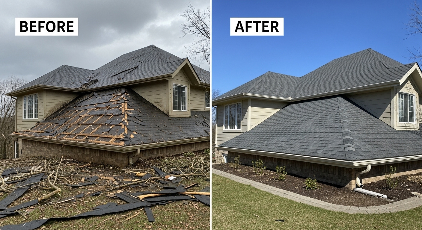Before and After Storm Damage Roof Repair and Replacement in Waterbury CT