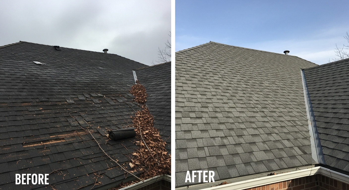 Before and After Wind Damage Roof Repair and Replacement in Waterbury CT