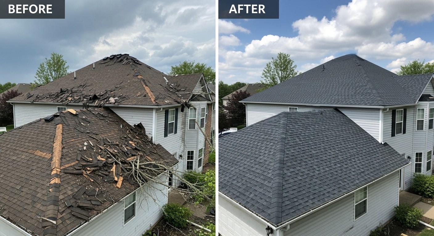 Wind damage roof repair before and after